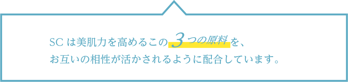 SCは美肌力を高めるこの3つの原料を、お互いの相性が活かされるように配合しています。