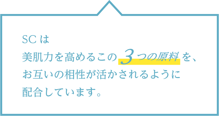 SCは美肌力を高めるこの3つの原料を、お互いの相性が活かされるように配合しています。
